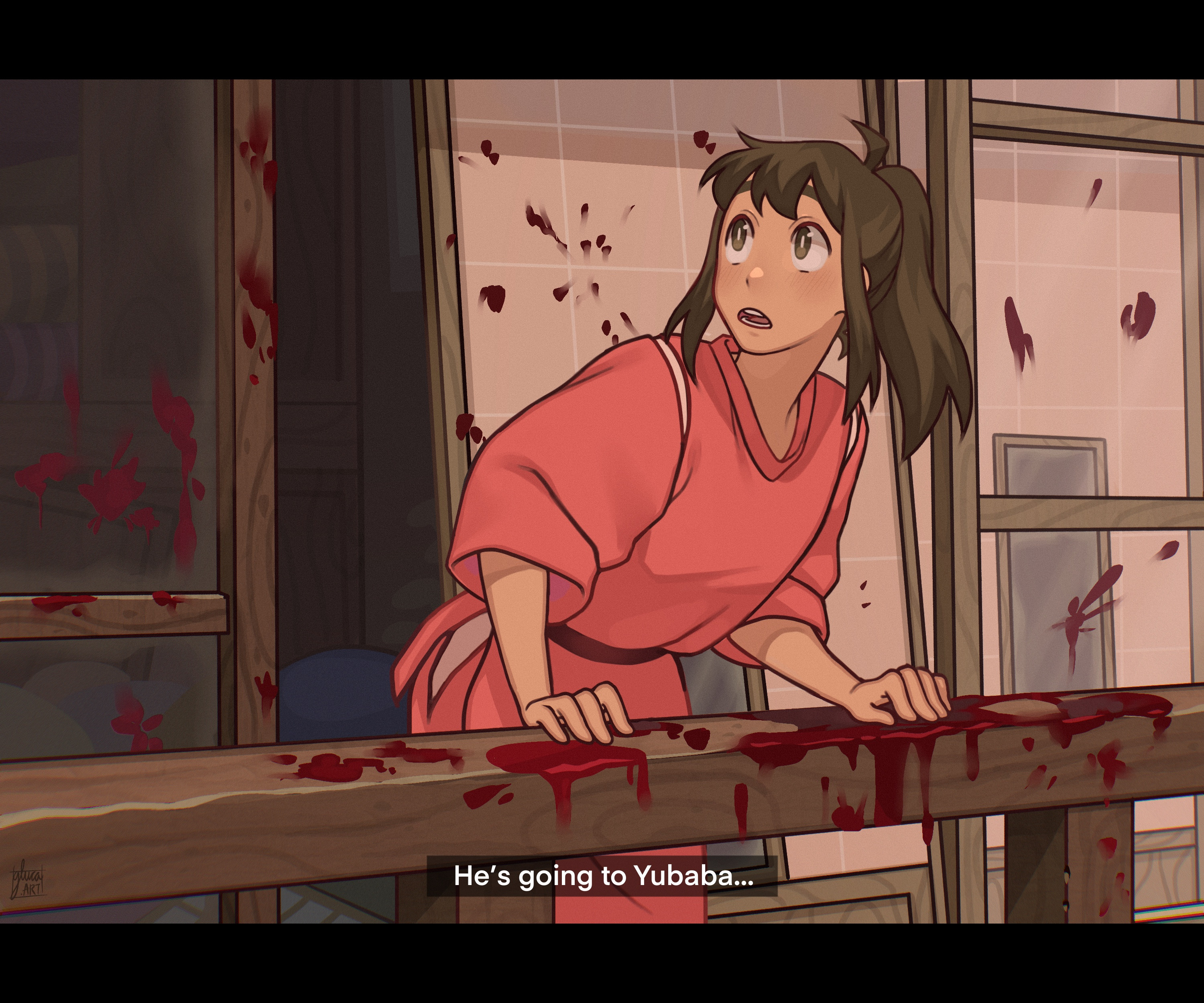 ogino chihiro, sen to chihiro no kamikakushi, absurdres, commentary, derivative work, english commentary, highres, screenshot redraw, 1girl, ahoge, bent over, black eyes, black hair, blood, english text, gluca, japanese clothes, letterboxed, open mouth, ponytail, shouji, sidelocks, sliding doors, solo, subtitled