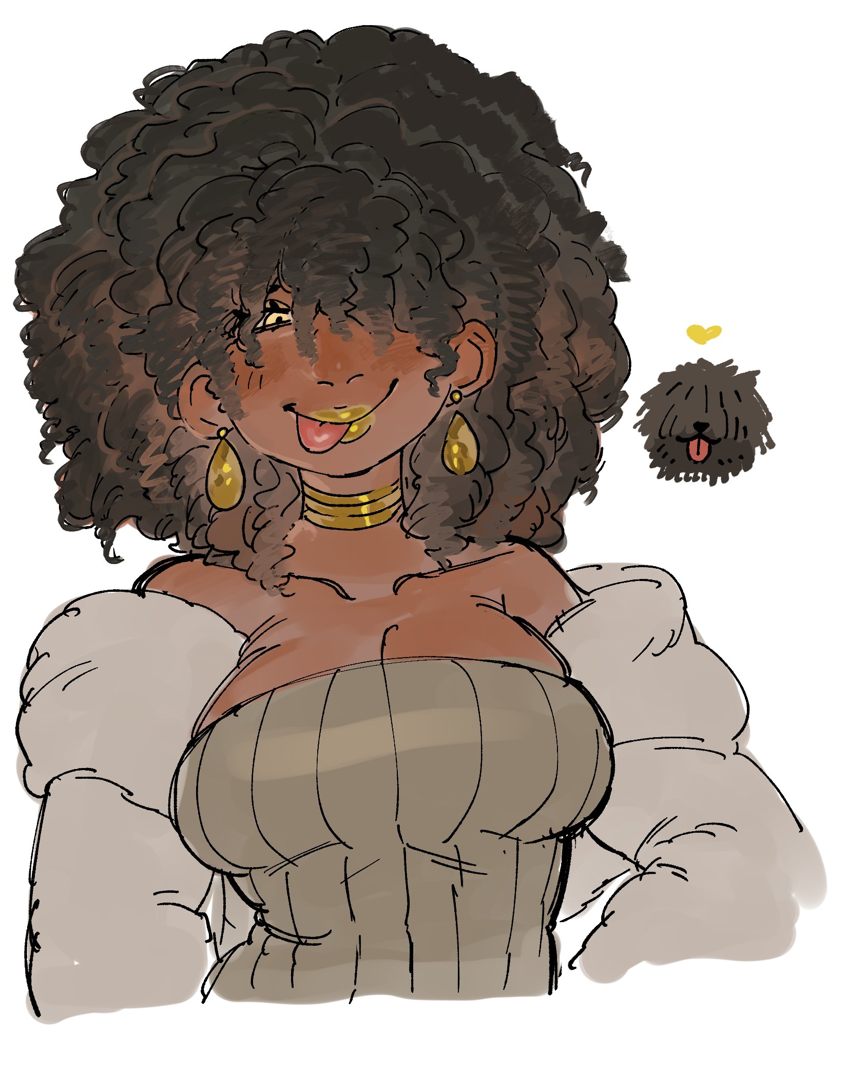 dancho no mori, original, commentary, highres, symbol-only commentary, 1girl, big hair, black hair, breasts, cleavage, closed mouth, collarbone, creature and personification, dark-skinned female, dark skin, dog, earrings, gold earrings, gold lips, hair over one eye, heart, jewelry, lips, medium breasts, neck ring, personification, puli, short hair, simple background, smile, tongue, tongue out, white background, yellow eyes