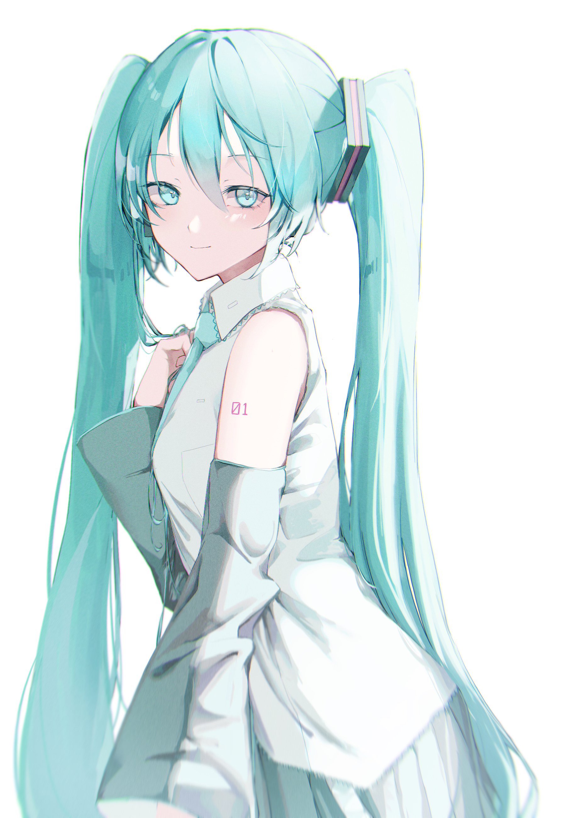 saksak mocchiri, hatsune miku, vocaloid, absurdres, highres, 1girl, aqua eyes, aqua hair, aqua necktie, bare shoulders, black skirt, closed mouth, collared shirt, cowboy shot, detached sleeves, double-parted bangs, grey shirt, hair between eyes, hand on own chest, light smile, long hair, long sleeves, looking at viewer, necktie, number tattoo, pleated skirt, shirt, shoulder tattoo, simple background, skirt, sleeves past wrists, solo, standing, tattoo, twintails, very long hair, white background