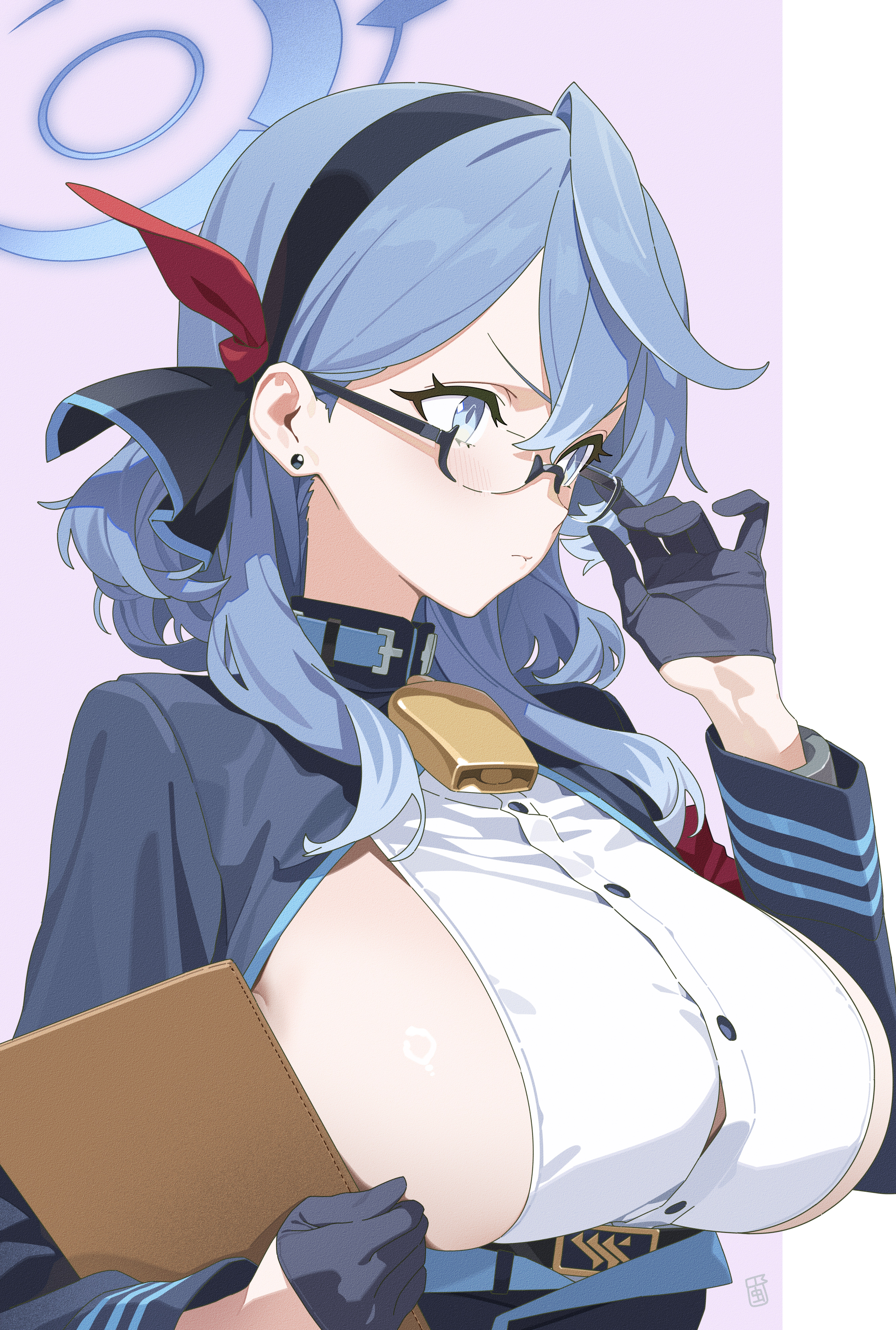 lamser, ako (blue archive), blue archive, absurdres, commentary, highres, symbol-only commentary, 1girl, bell, bespectacled, black gloves, black hairband, blue eyes, blue hair, blue halo, blush, breasts, closed mouth, cowbell, earrings, framed breasts, glasses, gloves, hair between eyes, hairband, half gloves, halo, huge breasts, jewelry, long sleeves, medium hair, neck bell, semi-rimless eyewear, shirt, sideboob, solo, stud earrings, upper body, white shirt