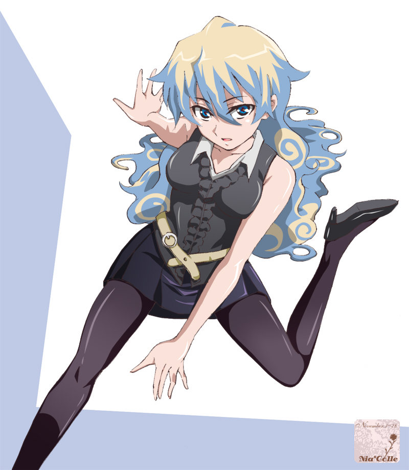 taguchi kenji (omaep), antispiral nia, nia teppelin, tengen toppa gurren lagann, bad id, bad pixiv id, 00s, 1girl, artistic error, belt, black pantyhose, black shoes, blouse, center frills, collared shirt, cross-shaped pupils, female focus, frills, high heels, long hair, miniskirt, multicolored hair, pantyhose, shirt, shoes, skirt, sleeveless, sleeveless shirt, solo, symbol-shaped pupils, very long hair
