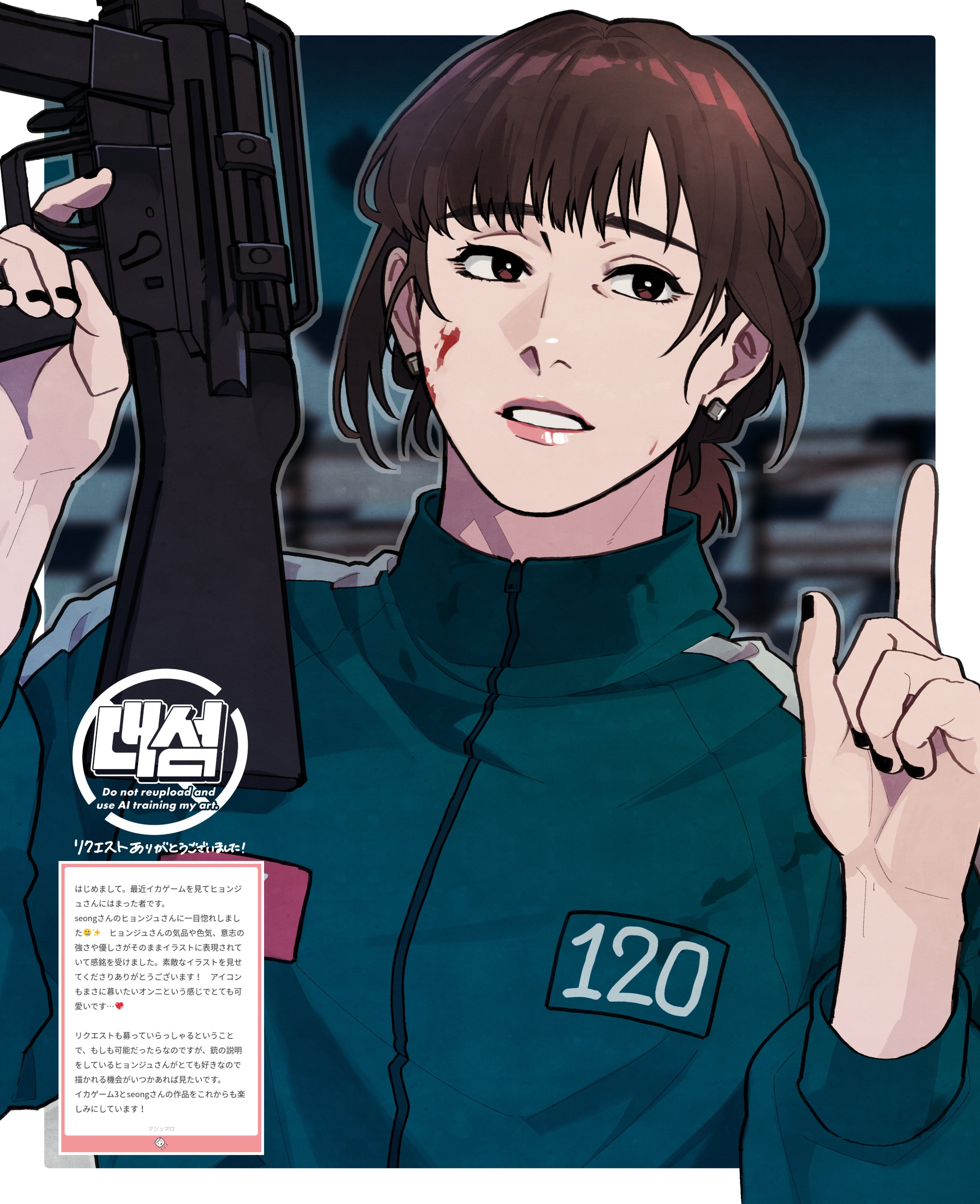 cho hyun-ju, squid game, absurdres, commentary request, commission, highres, translation request, 1girl, black nails, blood, blood on cheek, blood on face, blurry, blurry background, border, bright pupils, brown eyes, brown hair, clenched teeth, earrings, green jacket, grey outline, gun, hair behind ear, hands up, holding, holding gun, holding weapon, index finger raised, jacket, jewelry, long sleeves, looking at viewer, low ponytail, marshmallow (site), nail polish, outline, outside border, pink lips, ponytail, puffy long sleeves, puffy sleeves, scene reference, seong (seong4rt), short hair, short ponytail, simple background, single vertical stripe, solo, teeth, track jacket, turtleneck, turtleneck jacket, watermark, weapon, white border, white pupils, zipper