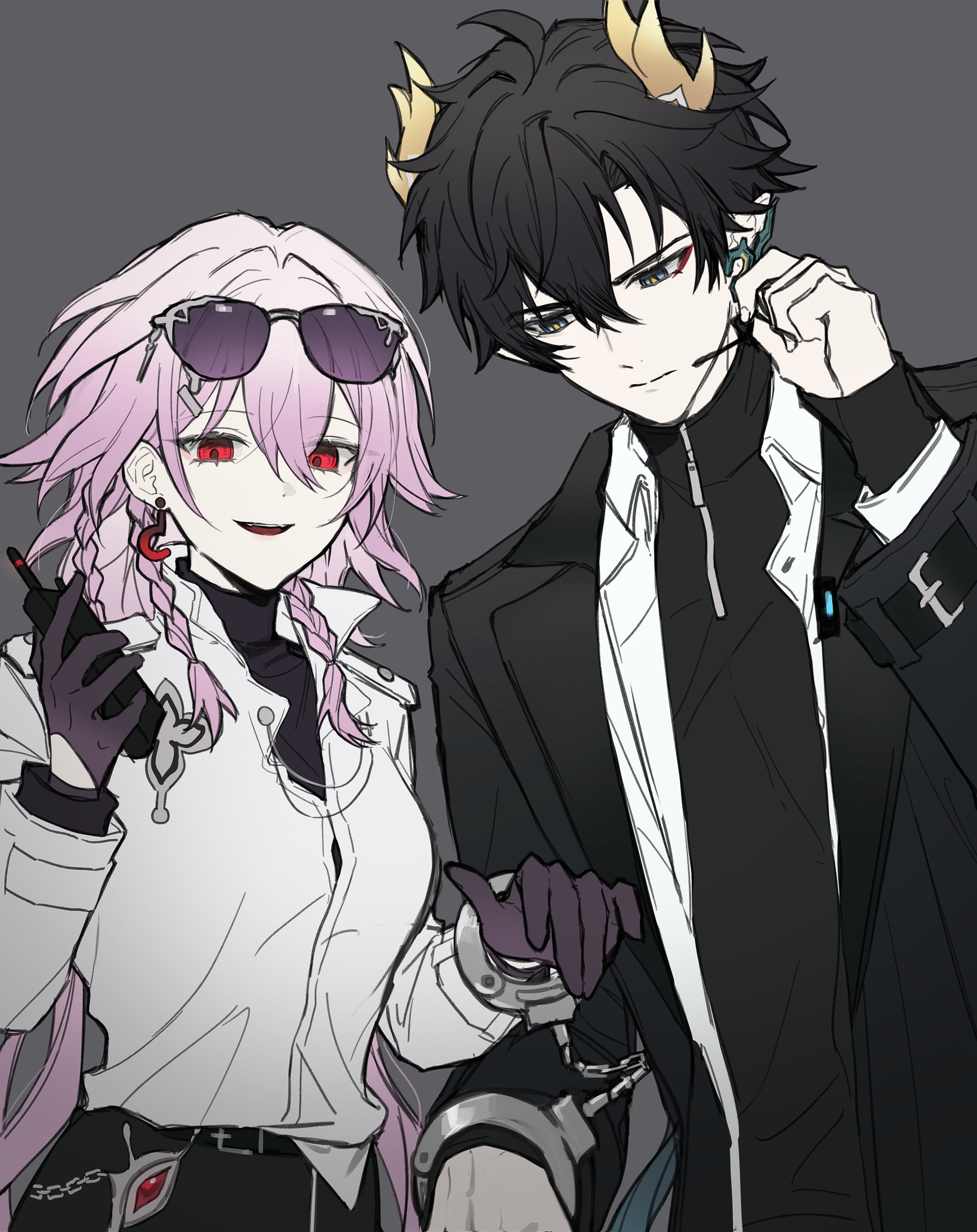 sp0i0ppp, dan heng (honkai: star rail), dan heng (permansor terrae) (honkai: star rail), evernight (honkai: star rail), march 7th (honkai: star rail), honkai: star rail, honkai (series), absurdres, highres, 1boy, 1girl, black hair, braid, buckle, dan heng (lurking) (honkai: star rail), dragon horns, earrings, evernight (lurking) (honkai: star rail), eyeliner, gem, gloves, green eyes, horns, jacket, jewelry, makeup, microphone, official alternate costume, pink hair, red eyeliner, red eyes, shirt, simple background, single earring, sunglasses, turtleneck, twin braids, upper body, walkie-talkie, wrist cuffs