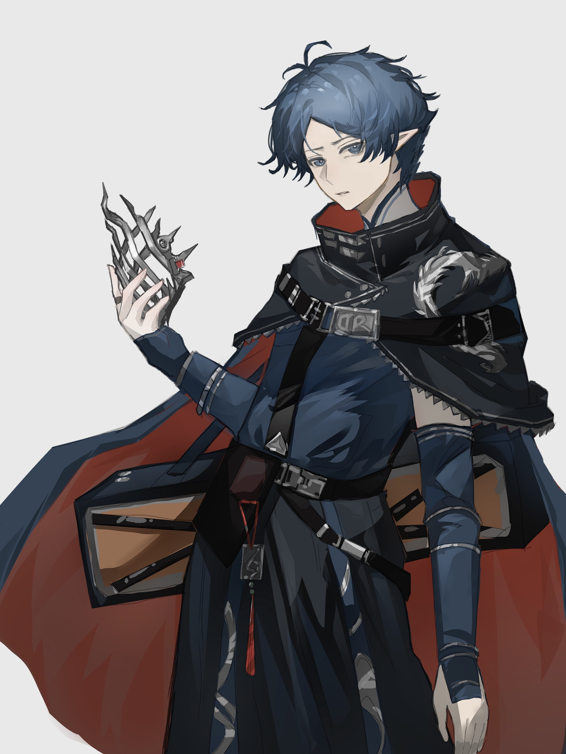 zuo le (arknights), arknights, absurdres, chinese commentary, commentary request, highres, 1boy, black cape, blue eyes, blue hair, blue shirt, cape, cowboy shot, holding, holding mask, jiu yi wu, looking at viewer, male focus, mask, parted lips, pointy ears, red cape, shirt, short hair, simple background, solo, standing, two-sided cape, two-sided fabric, unworn mask, white background