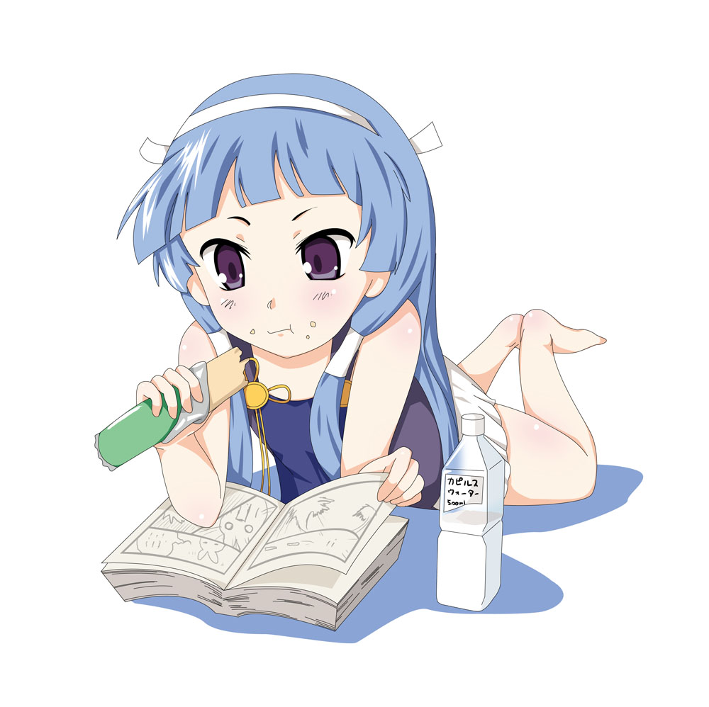 usakou, nagi, kannagi, 00s, 1girl, bad anatomy, barefoot, blue hair, blunt bangs, bottle, eating, female focus, hair tubes, hairband, long hair, poorly drawn, purple eyes, reading, solo