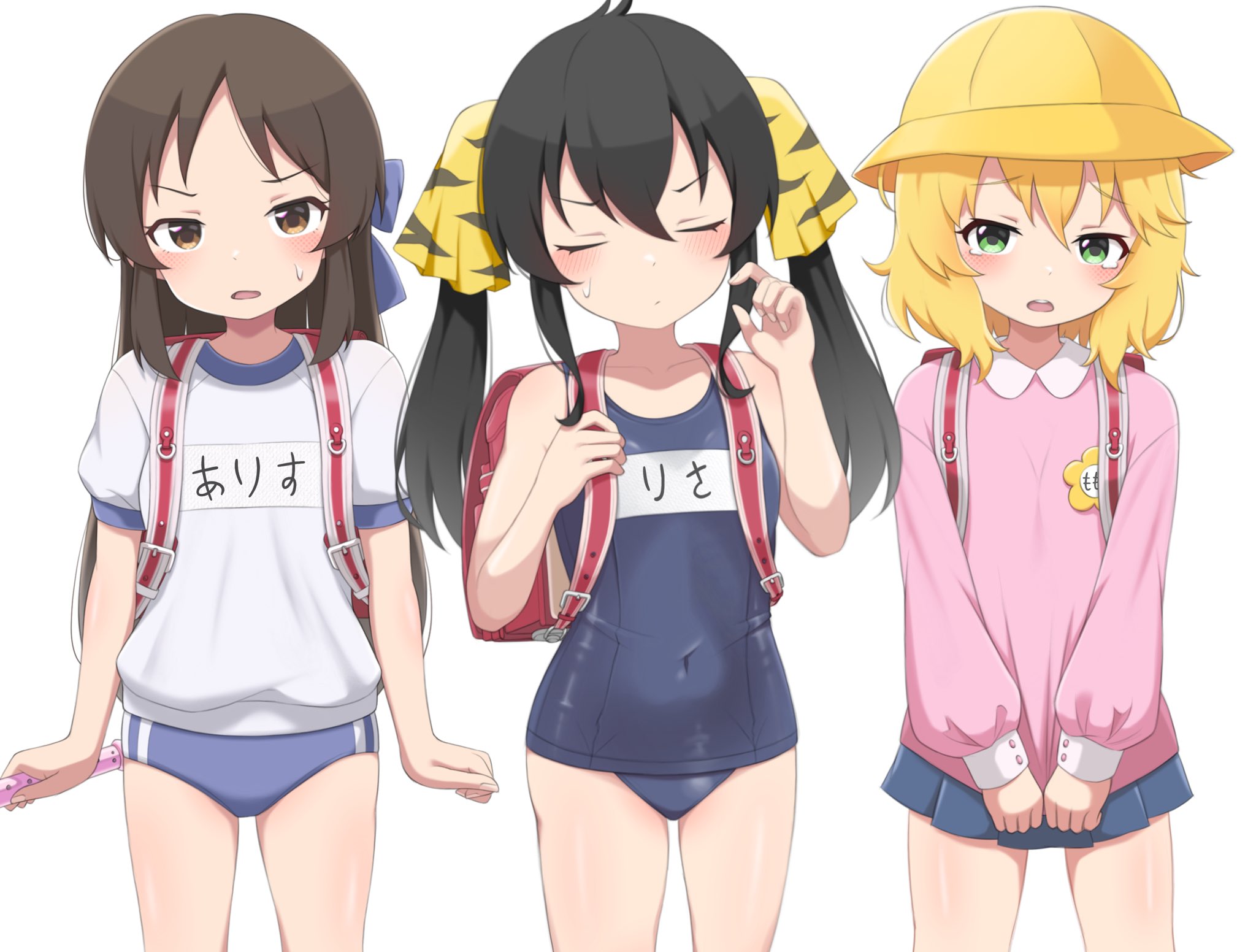 mooramango, matoba risa, sakurai momoka, tachibana arisu, idolmaster, idolmaster cinderella girls, idolmaster cinderella girls u149, highres, 3girls, backpack, bag, bloomers, blue one-piece swimsuit, buruma, gym uniform, hat, kindergarten, kindergarten uniform, multiple girls, name tag, old school swimsuit, one-piece swimsuit, randoseru, school hat, school swimsuit, simple background, smock, swimsuit, underwear, white background, yellow hat