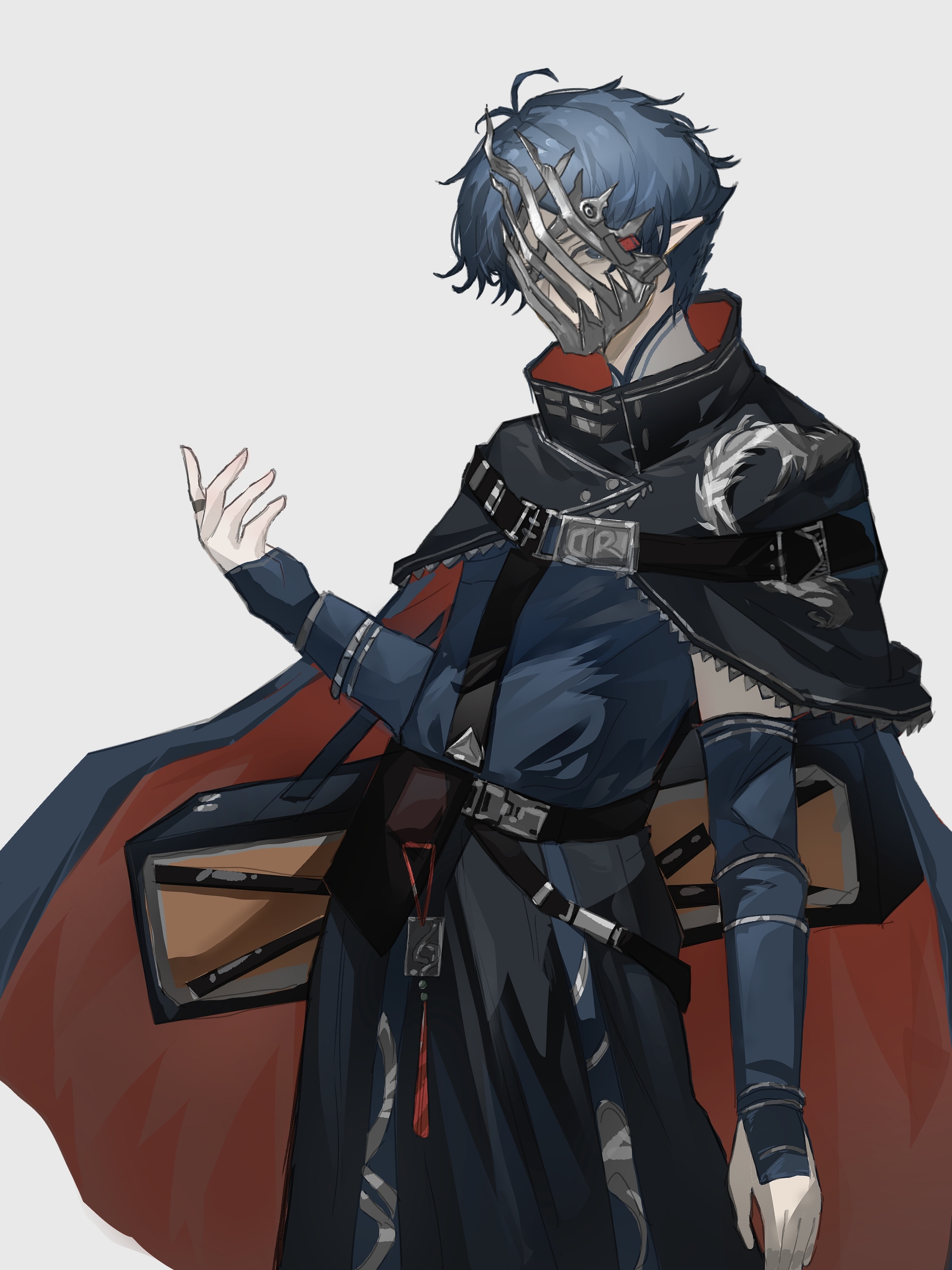 zuo le (arknights), arknights, absurdres, chinese commentary, commentary request, highres, 1boy, black cape, blue eyes, blue hair, blue shirt, cape, covered face, cowboy shot, jiu yi wu, looking at viewer, male focus, mask, parted lips, pointy ears, red cape, shirt, short hair, simple background, solo, standing, two-sided cape, two-sided fabric, white background