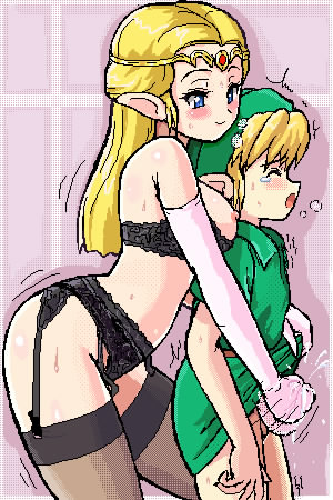 konpeto, link, princess zelda, young link, nintendo, super smash bros., the legend of zelda, the legend of zelda: ocarina of time, the legend of zelda: twilight princess, lowres, 1boy, 1girl, age difference, blonde hair, blush, breasts, clothes lift, cum, ejaculation, elbow gloves, erection, garter belt, gloved handjob, gloves, handjob, hetero, lingerie, medium breasts, oekaki, penis, pointy ears, reach-around, shota, skirt, skirt lift, tears, thighhighs, trembling, uncensored, underwear