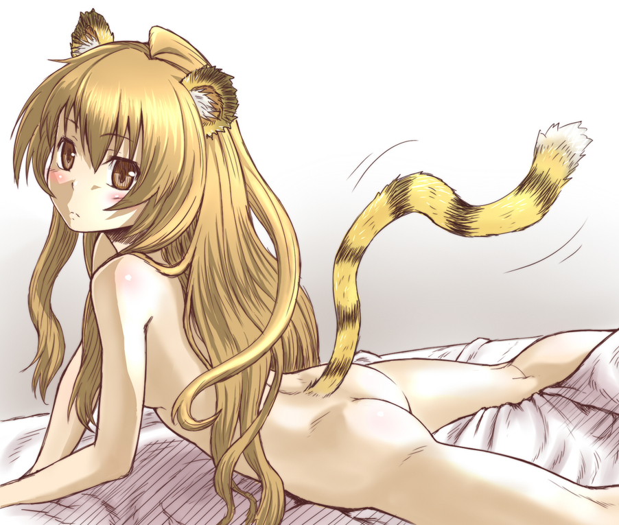 minazuki tsuyuha, aisaka taiga, toradora!, 00s, 1girl, animal ears, ass, bed, blush, brown eyes, brown hair, female focus, loli, long hair, lying, nude, solo, tail, tiger ears, tiger tail