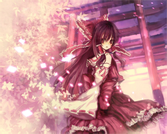 nozomi fuuten, hakurei reimu, touhou, 1girl, black hair, bow, brown hair, bug, butterfly, cowboy shot, detached sleeves, female focus, hair bow, hair tubes, japanese clothes, leaf, long hair, long sleeves, looking at viewer, miko, red eyes, skirt, skirt set, solo, torii, wide sleeves