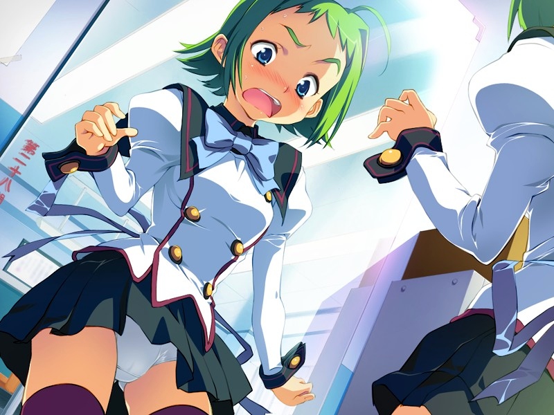 sameda koban, non-web source, blue eyes, blush, green hair, panties, pantyshot, reflection, school uniform, short hair, sweat, thighhighs, underwear, white panties