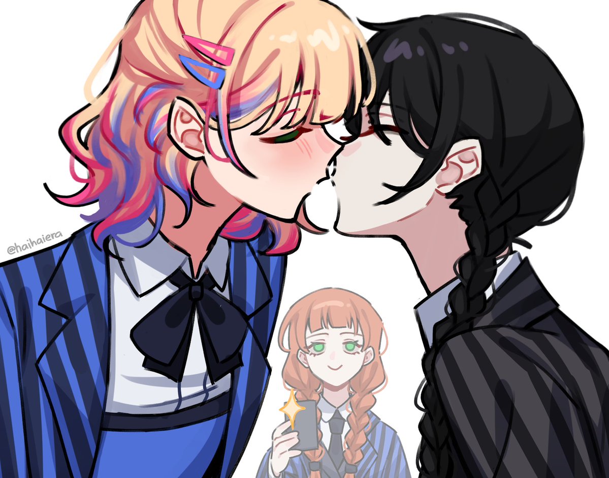 haihaiera, agnes demille, enid sinclair, wednesday addams, addams family, wednesday (netflix), braided twintails, commentary, english commentary, 3girls, artist name, black bow, black bowtie, black hair, black shirt, blonde hair, blue shirt, bow, bowtie, braid, cellphone, closed eyes, closed mouth, collared shirt, green eyes, hair ornament, hair over one eye, hairclip, holding, holding phone, imminent kiss, long hair, medium hair, multicolored hair, multiple girls, no pupils, open clothes, open shirt, orange hair, phone, shirt, simple background, smartphone, smile, streaked hair, striped clothes, striped shirt, taking picture, twintails, vertical-striped clothes, vertical-striped shirt, white background, wing collar, yuri