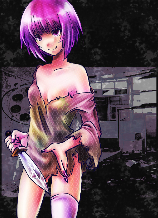 rei (reins), soror, elysion, sound horizon, bad id, bad pixiv id, 1girl, breasts, cleavage, dress, female focus, knife, nail polish, no bra, off shoulder, purple eyes, purple hair, purple nails, short hair, single thighhigh, smile, solo, thighhighs, torn clothes