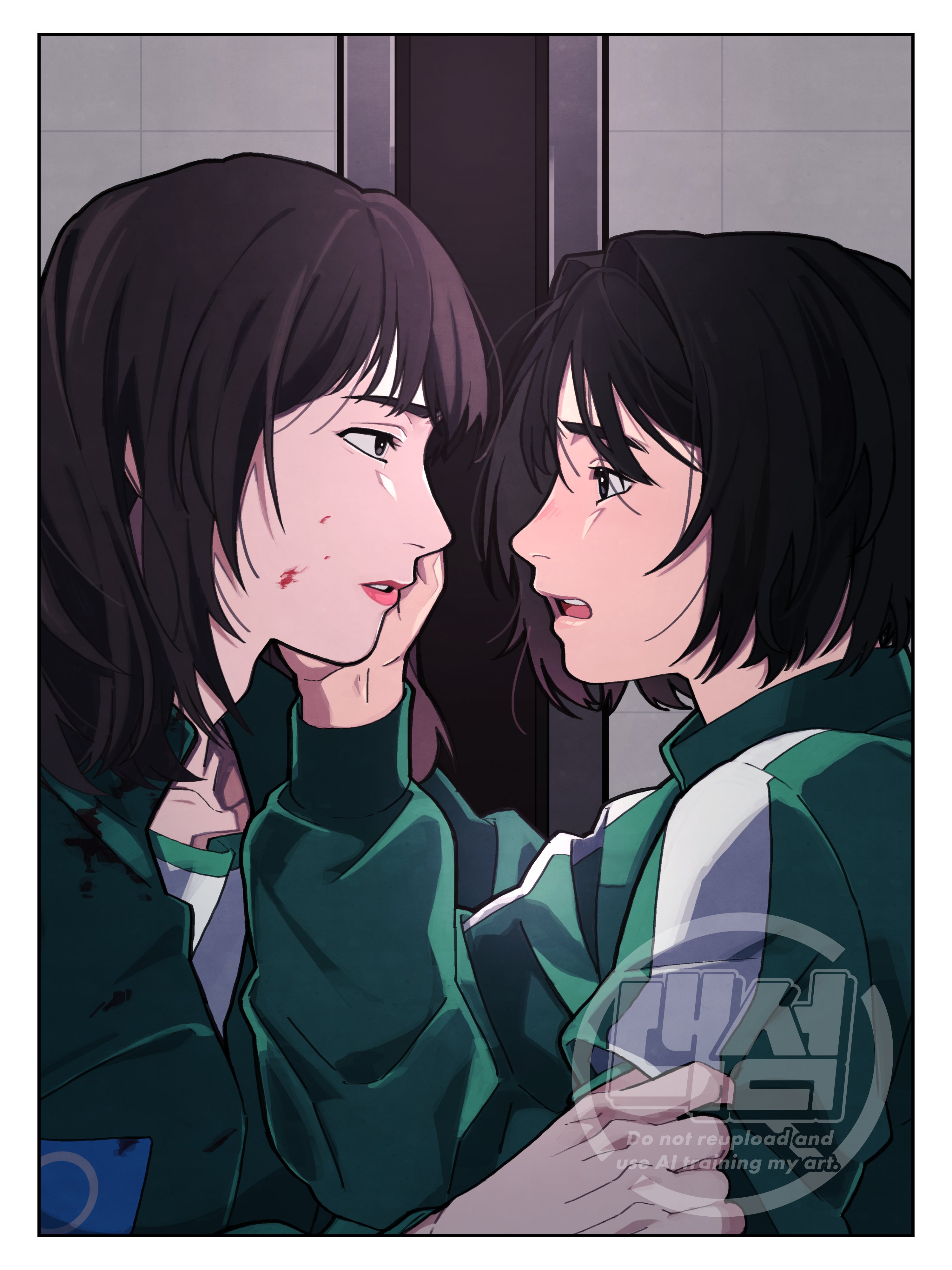cho hyun-ju, kim young-mi, squid game, absurdres, commentary request, highres, korean commentary, 2girls, black eyes, black hair, blood, blood on cheek, blood on face, border, brown hair, collared jacket, eye contact, face-to-face, from side, green jacket, hair between eyes, hair intakes, hand on another's cheek, hand on another's face, indoors, jacket, long sleeves, looking at another, medium hair, multiple girls, open mouth, parted lips, pink lips, profile, puffy long sleeves, puffy sleeves, seong (seong4rt), shirt, short hair, simple background, single vertical stripe, teeth, tile wall, tiles, tongue, upper body, upper teeth only, watermark, white border, white shirt