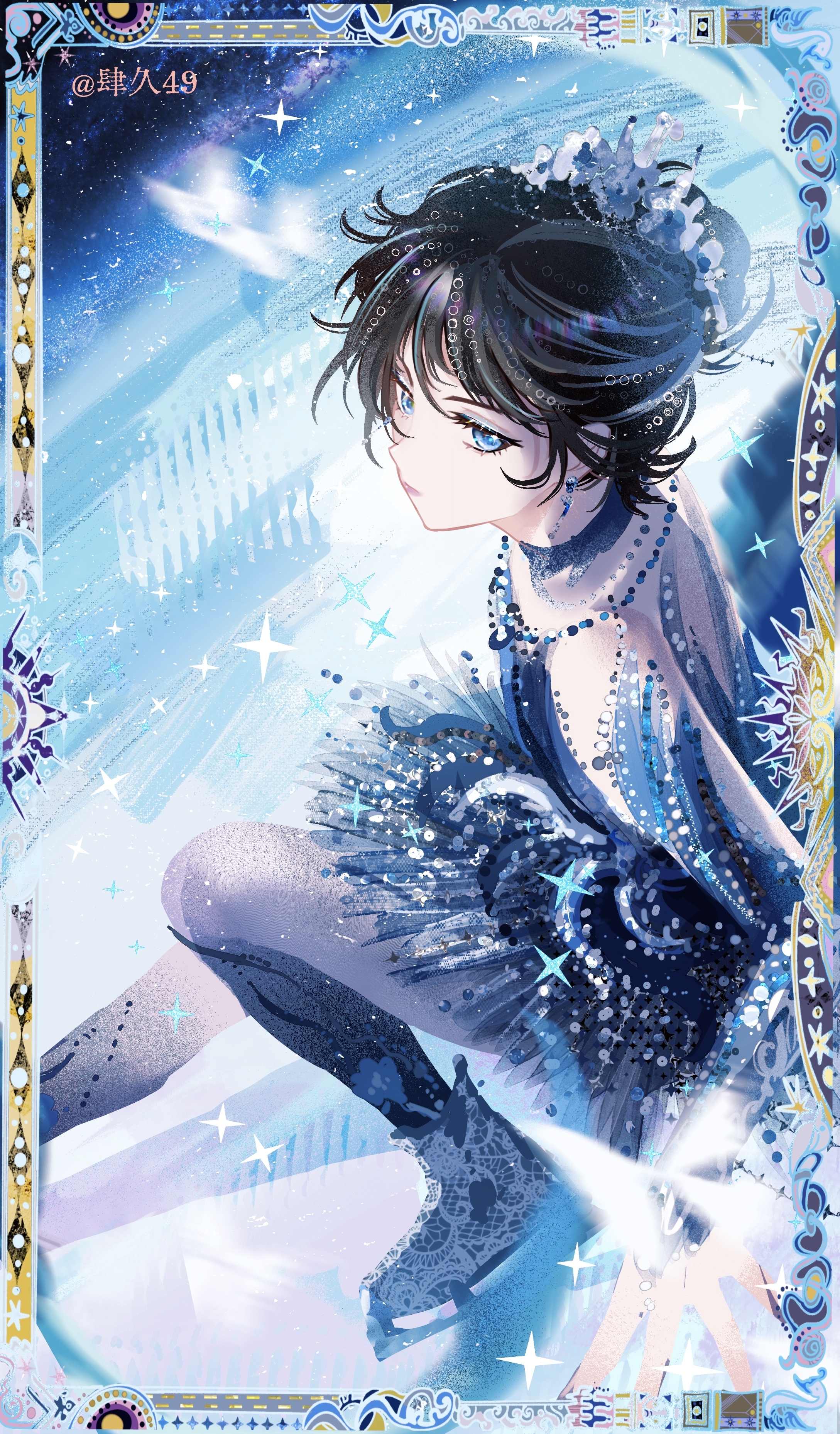 sijiu 49, infinity nikki, nikki (series), absurdres, chinese commentary, commentary request, highres, 1girl, artist name, bead necklace, beads, black hair, blue choker, blue dress, blue eyeshadow, blue sleeves, boots, choker, closed mouth, dancing, dancing frost (infinity nikki), detached sleeves, dress, earrings, expressionless, eyelashes, eyeshadow, flower, foot out of frame, frost, grey pantyhose, hair beads, hair bun, hair flower, hair ornament, ice skates, ice skating, jewelry, lace, light particles, long sleeves, looking at viewer, makeup, necklace, night, night sky, outdoors, pantyhose, picture frame, pointy nose, shadow, short dress, short hair, single hair bun, skates, skating, sky, solo, sparkle, star (sky), starry sky, strapless, strapless dress, tutu, updo, white boots, white flower