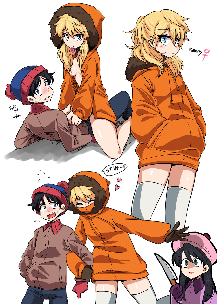 kenny mccormick, stan marsh, wendy testaburger, south park, artist request, 1boy, 2girls, beanie, black hair, blonde hair, blue eyes, blush, breasts, brown jacket, collared jacket, condom, cuckquean, english text, fur trim, genderswap, genderswap (mtf), girl on top, gloves, green eyes, hat, jacket, jealous, knife, long hair, multiple girls, naked jacket, netorare, orange jacket, parka, pink jacket, straddling, thighhighs, yandere