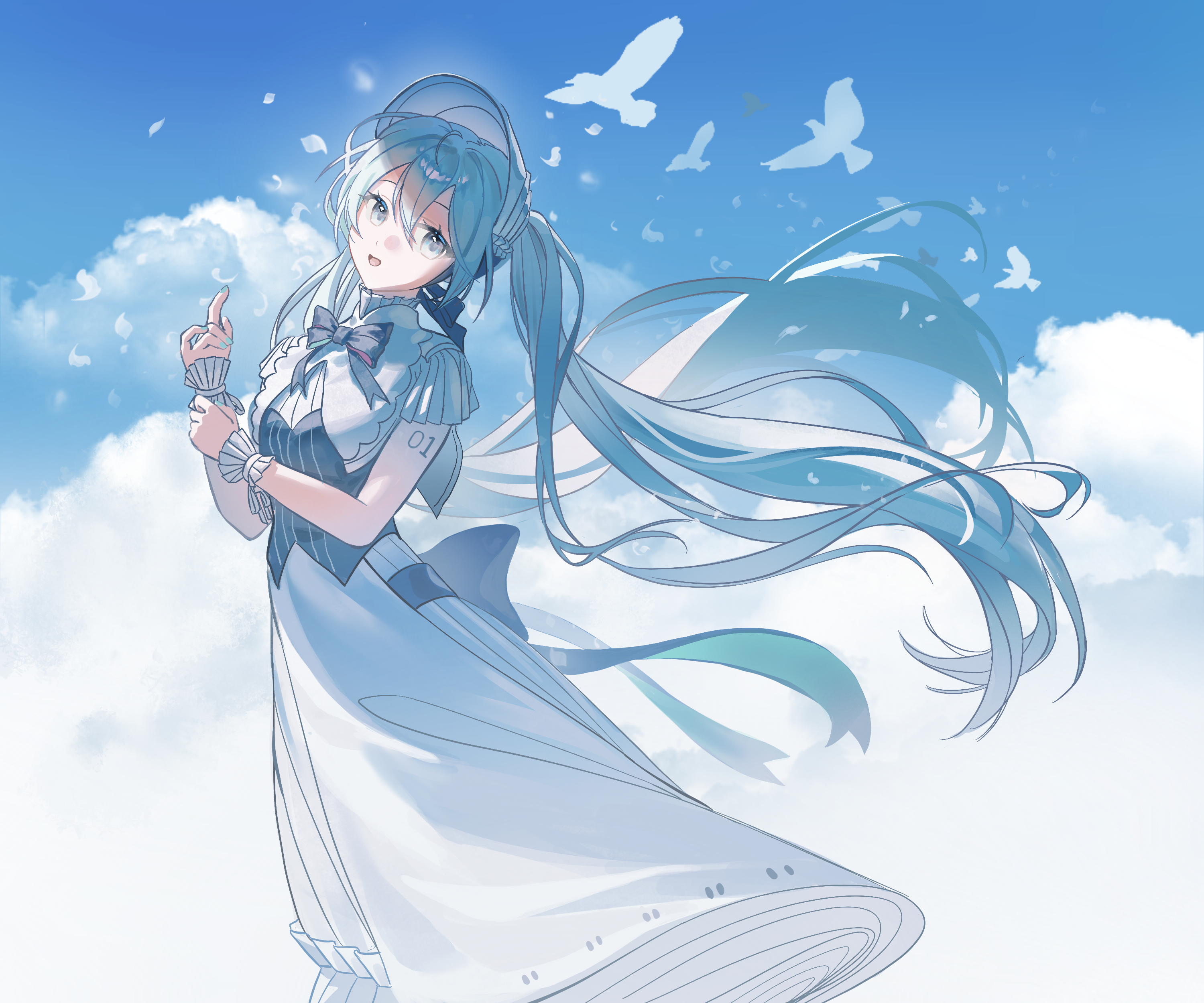xianyusixu, hatsune miku, miku symphony (vocaloid), vocaloid, absurdres, highres, 1girl, aqua eyes, aqua hair, aqua nails, arm tattoo, bird, blue sky, cloud, dress, hair ornament, long hair, looking at viewer, number tattoo, official alternate costume, official alternate hairstyle, open mouth, short sleeves, sky, smile, solo, tattoo, twintails, very long hair, white dress