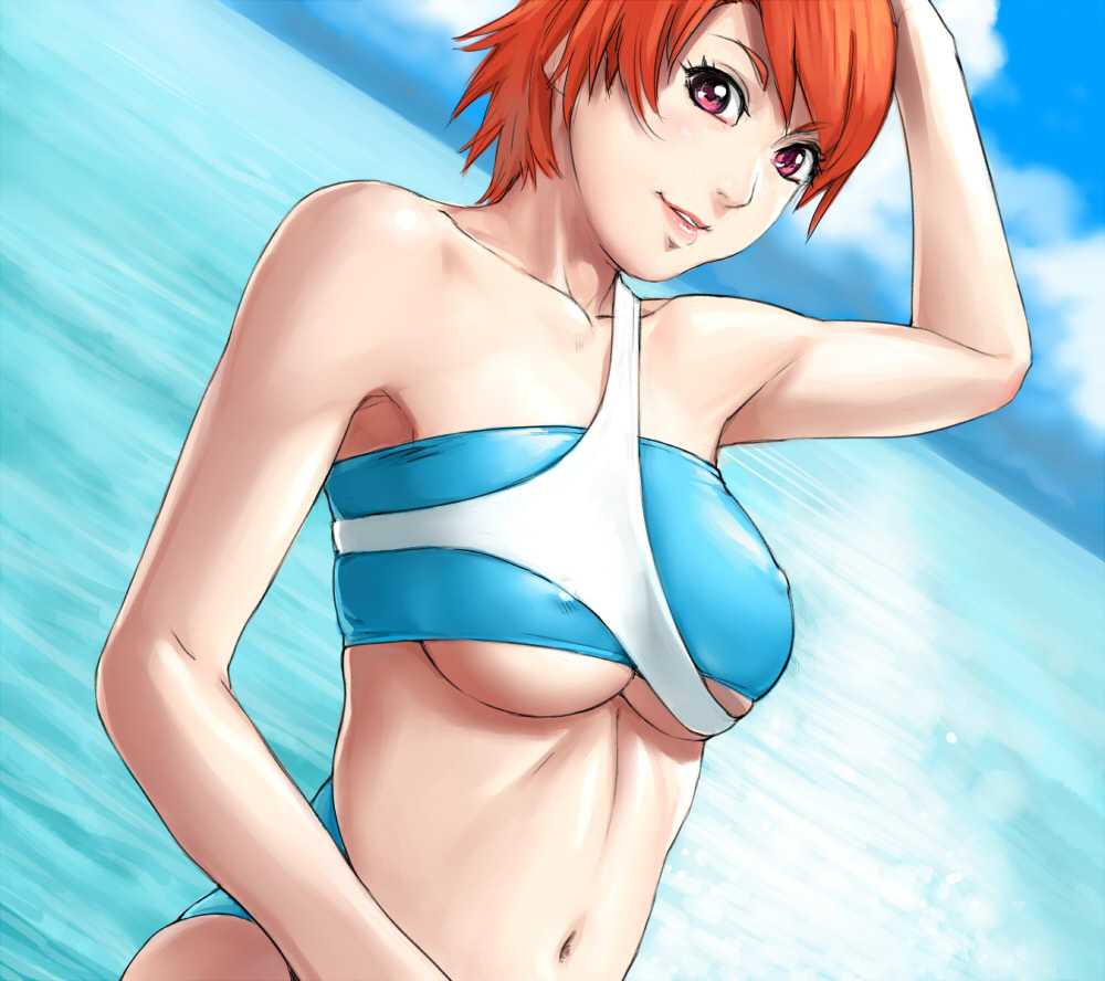 ebisui, 1girl, bikini, blue bikini, breasts, covered erect nipples, female focus, hand on own head, large breasts, layered bikini, nipples, ocean, orange hair, purple eyes, short hair, solo, swimsuit, underboob, white bikini