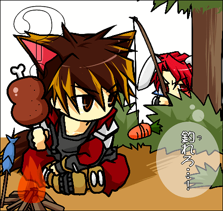 bankuro, bankuro (pixiv425706), axel almer, kyousuke nanbu, nanbu kyosuke, banpresto, super robot wars, bad id, bad pixiv id, lowres, translation request, 2boys, animal ears, boned meat, brown eyes, brown hair, campfire, carrot, chibi, fire, food, kemonomimi mode, male focus, meat, multiple boys, rabbit ears, red eyes, red hair, wolf ears