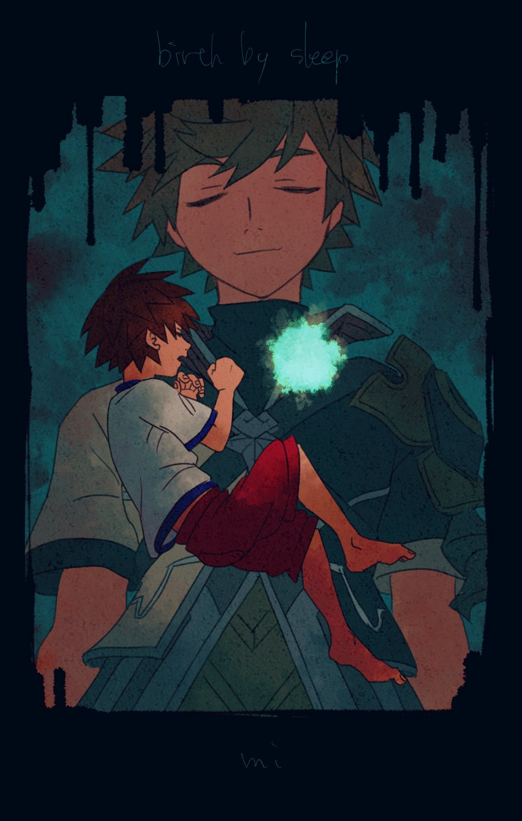 sashimi umasugi, sora (kingdom hearts), ventus (kingdom hearts), kingdom hearts, kingdom hearts birth by sleep, adversarial noise, commentary request, highres, 2boys, barefoot, brown hair, closed eyes, fetal position, male focus, multiple boys, red shorts, shirt, shorts, single shoulder pad, spiked hair, t-shirt, white shirt