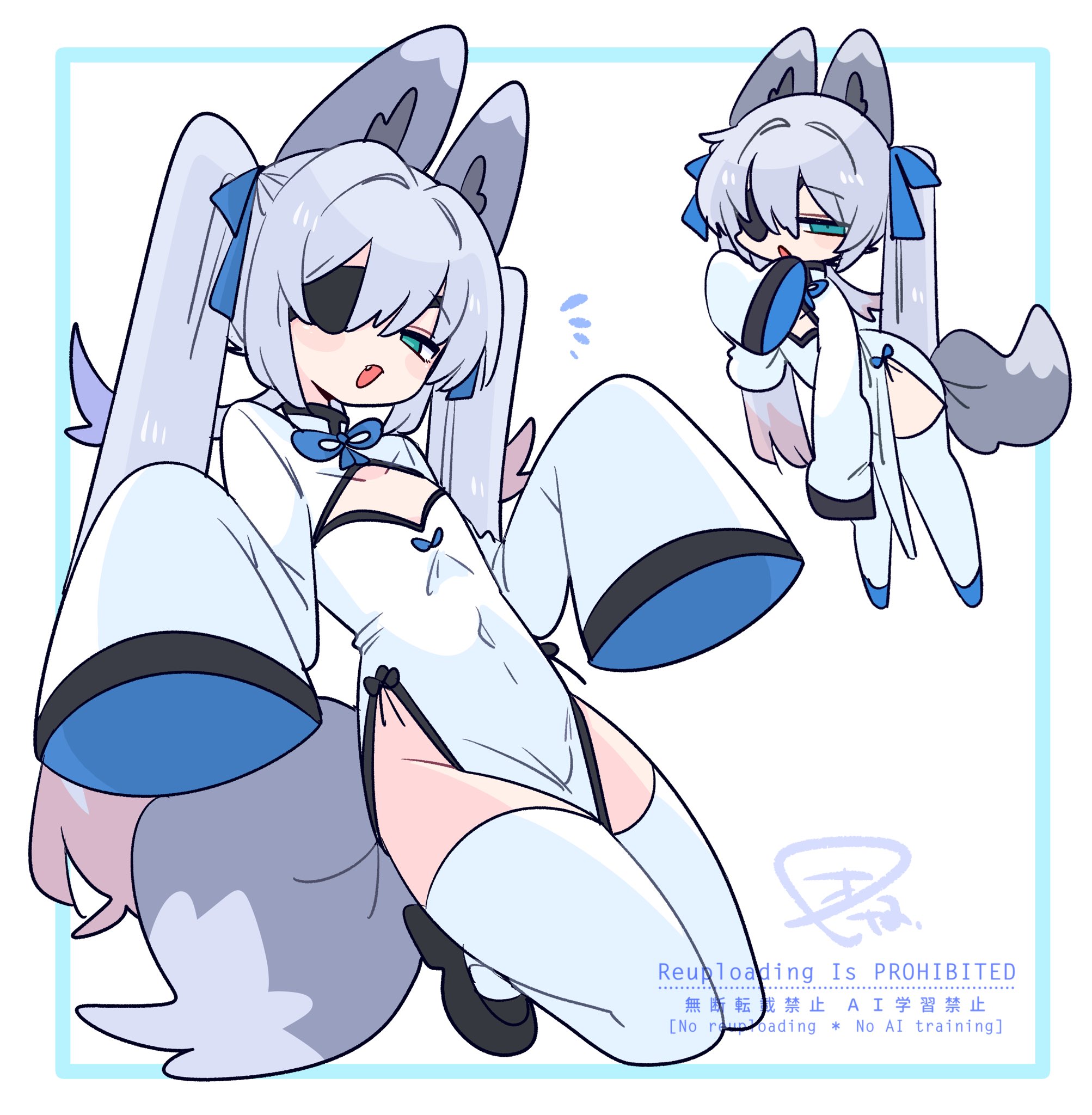 op na yarou, original, highres, 1boy, :o, animal ear fluff, animal ears, black shoes, blue bow, blue bowtie, blue eyes, blue hair, blue shoes, bow, bowtie, bulge, china dress, chinese clothes, cleavage cutout, clothing cutout, colored tips, crossdressing, crossdressing (mtf), dress, eyepatch, fang, flipped hair, fox boy, fox ears, fox tail, full body, grey tail, hair between eyes, hair bow, hair intakes, hand up, hands up, leaning forward, long hair, long sleeves, looking at viewer, multicolored hair, multiple views, narrowed eyes, no nose, one eye covered, open mouth, pelvic curtain, quad tails, red hair, rigel (op na yarou), shoes, side slit, sidelocks, simple background, sleeves past fingers, sleeves past wrists, standing, straight hair, tail, thighhighs, thighs, trap, very long hair, watermark, white background, white dress, white hair, white thighhighs