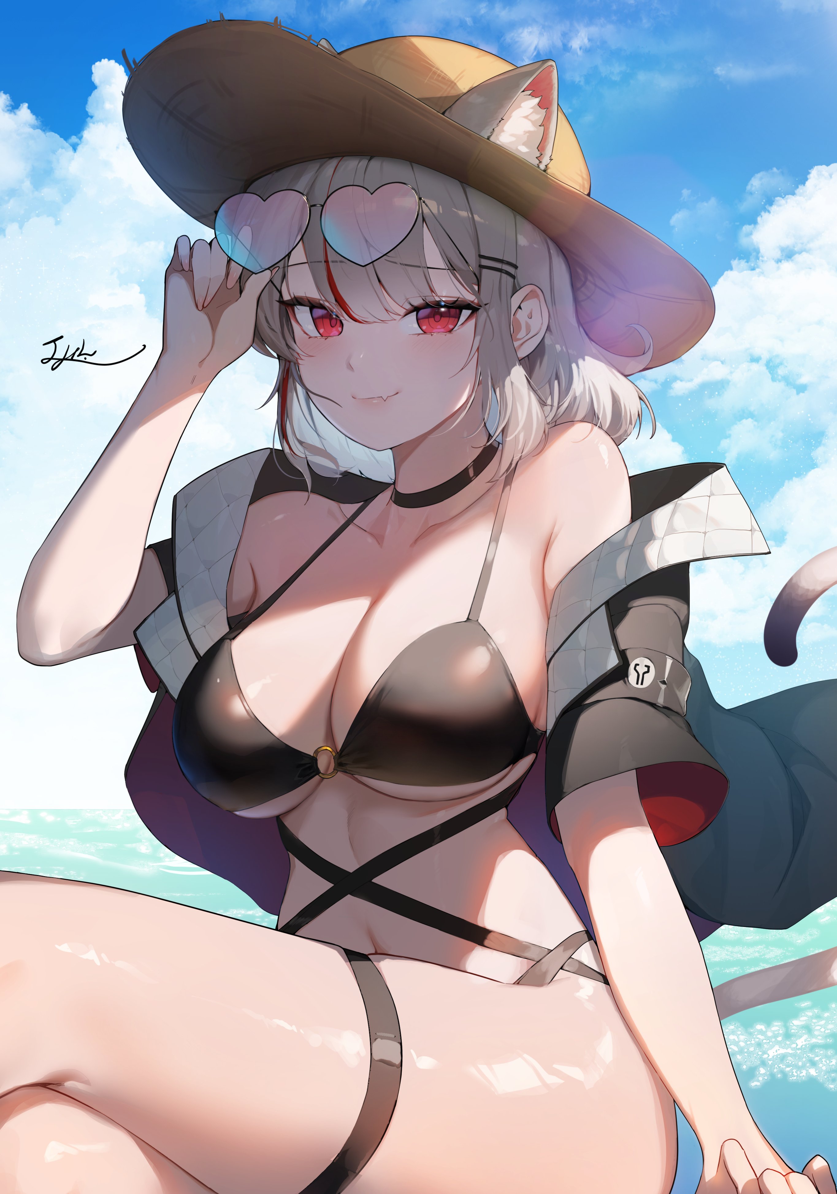 neneko mashiro, stellive, absurdres, hashtag-only commentary, highres, 1girl, adjusting eyewear, animal ear fluff, animal ears, armpit crease, bikini, black bikini, black jacket, breasts, cat ears, cat girl, cat tail, closed mouth, collarbone, daeno (dve no), day, eyewear on head, fang, hair ornament, hairclip, hand up, hat, heart, heart-shaped eyewear, jacket, large breasts, light smile, looking at viewer, navel, open clothes, open jacket, outdoors, parallel hairclips, red eyes, shiny skin, short sleeves, sidelocks, signature, skin fang, solo, sunlight, swimsuit, tail, thigh strap, virtual youtuber