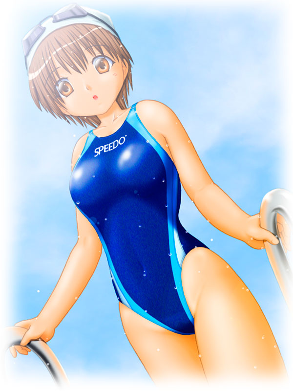 oka takeshi, speedo (company), white headwear, character request, copyright request, 1girl, :o, blue background, blue one-piece swimsuit, blush, breasts, brown eyes, brown hair, cloud, collarbone, competition swimsuit, covered navel, cowboy shot, eyewear on head, female focus, from below, goggles, goggles on head, hair between eyes, highleg, highleg one-piece swimsuit, holding, large breasts, logo, looking at viewer, looking down, one-piece swimsuit, open mouth, orange eyes, railing, short hair, sky, solo, swim cap, swim goggles, swimsuit, swimsuit writing, wet