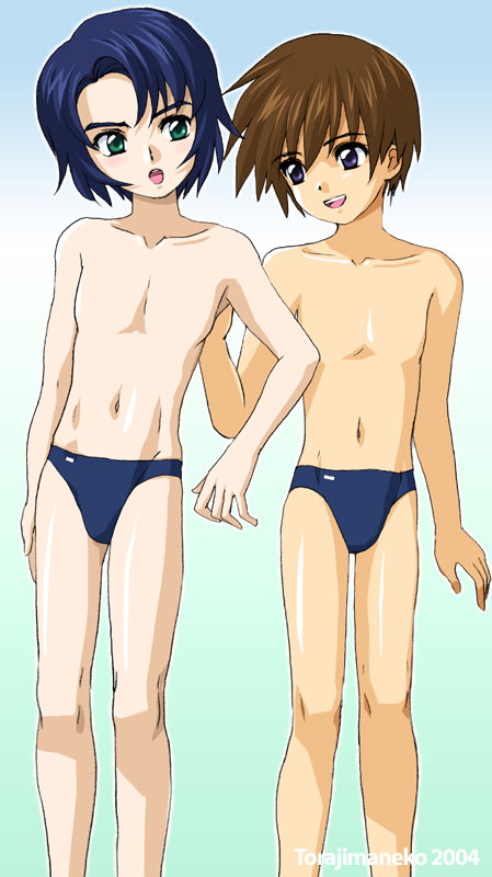 torajimaneko, athrun zala, kira yamato, gundam, gundam seed, bad id, bad pixiv id, 00s, 2boys, aged down, bare legs, blue hair, blue male swimwear, blue swim briefs, brown hair, child, elementary school age, green eyes, long hair, male focus, male swimwear, multiple boys, purple eyes, short hair, standing, swim briefs, swimsuit, topless male