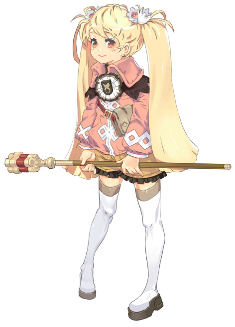 natsuhara, original, 1girl, blonde hair, blush, boots, female focus, full body, legs, lips, long hair, simple background, smile, solo, staff, thigh boots, thighhighs, twintails, white thighhighs
