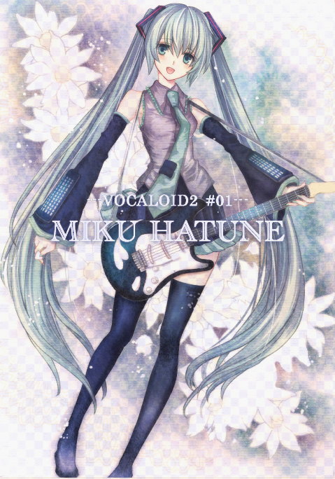 nozomi fuuten, hatsune miku, vocaloid, bad id, bad pixiv id, aqua eyes, blush, detached sleeves, guitar, instrument, legs, long hair, necktie, solo, thighhighs, twintails, very long hair