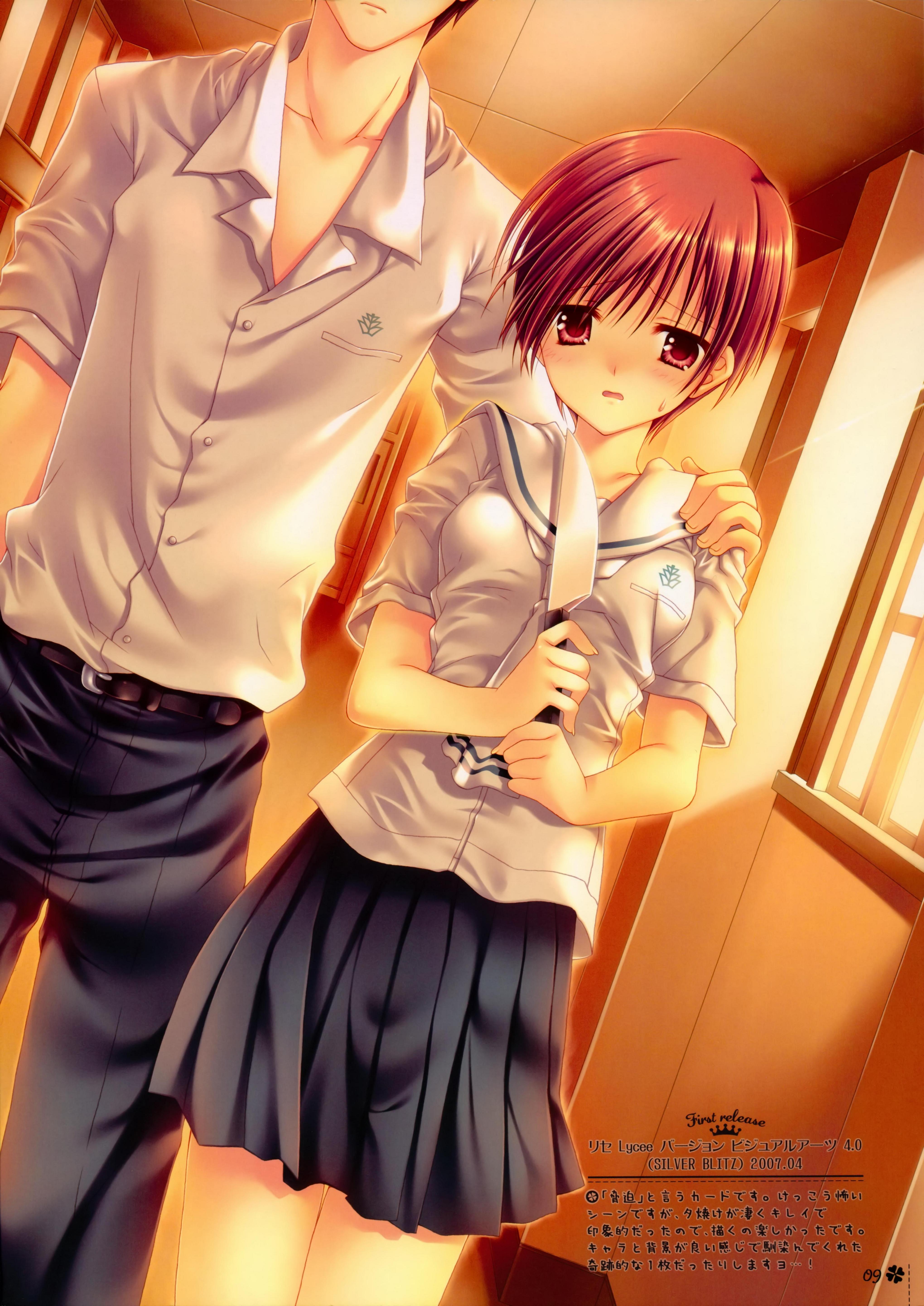 wnb mark, absurdres, highres, 1boy, 1girl, couple, hetero, knife, red eyes, red hair, school uniform, short hair