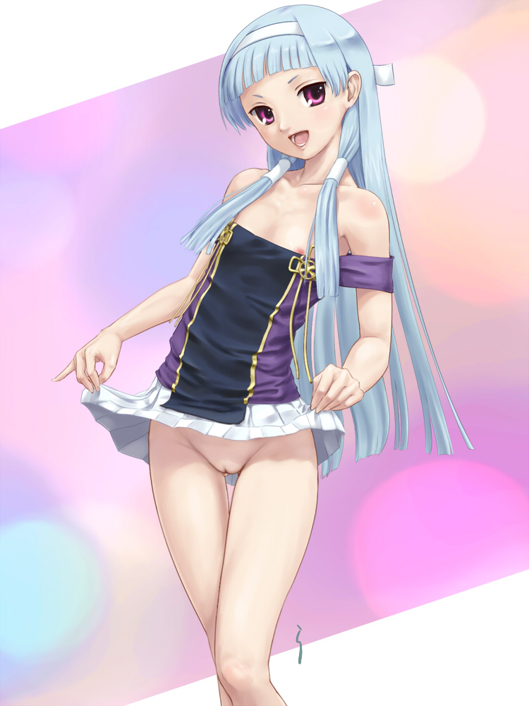 rasukaru, nagi, kannagi, 00s, 1girl, bare shoulders, blue hair, blunt bangs, clothes lift, female focus, flat chest, hair tubes, hairband, long hair, nipple slip, nipples, no panties, open mouth, pleated skirt, purple eyes, skirt, skirt lift, solo, strap slip, uncensored, white skirt