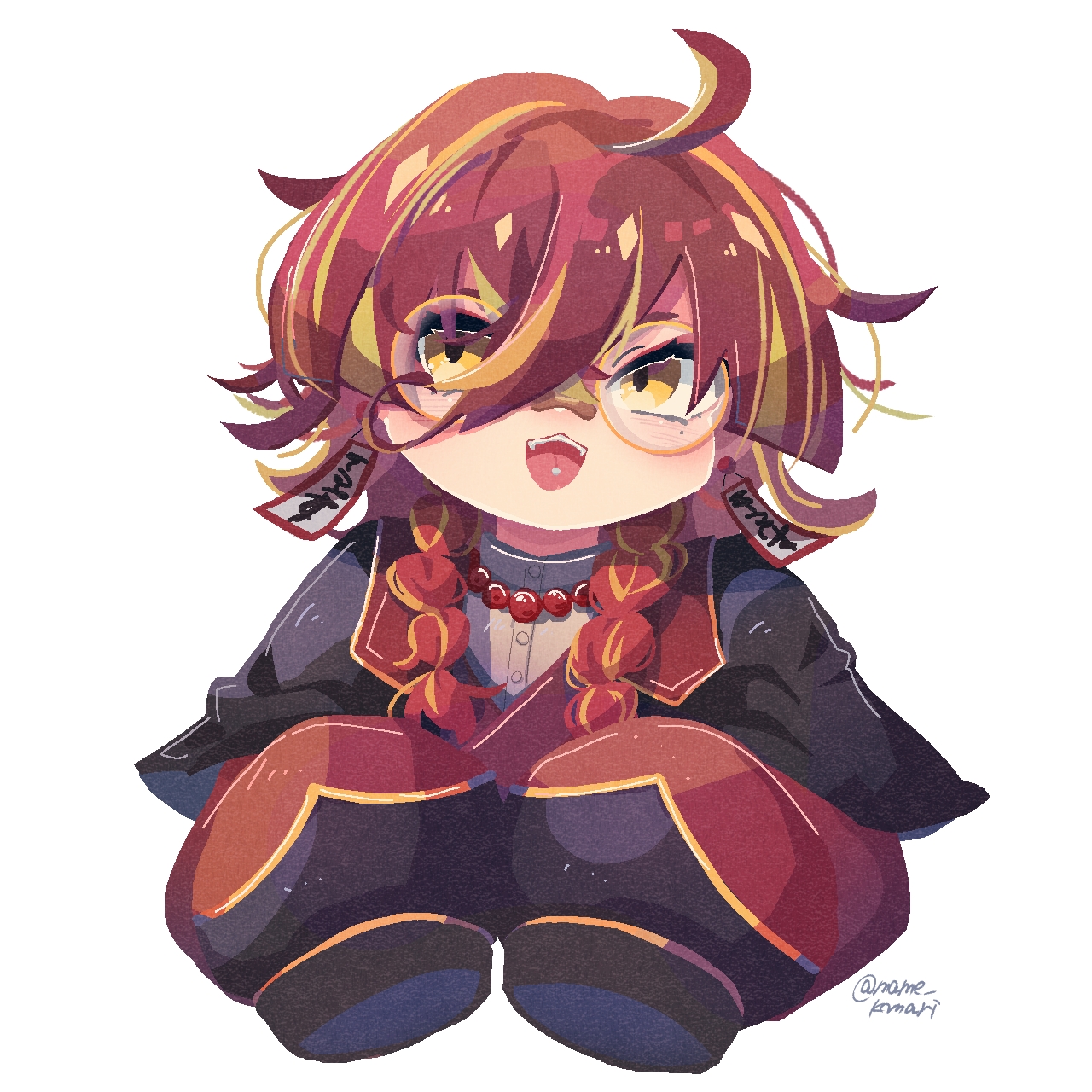 mame komari, original, commentary request, highres, 1girl, :d, bead necklace, beads, black jacket, blonde hair, blush, braid, cropped torso, earrings, glasses, hair between eyes, jacket, jewelry, long hair, long sleeves, looking at viewer, multicolored hair, necklace, no lineart, ofuda earrings, open mouth, piercing, red hair, round eyewear, simple background, sleeves past fingers, sleeves past wrists, smile, solo, streaked hair, teeth, tongue piercing, twin braids, twitter username, two-tone hair, upper teeth only, white background, yellow eyes