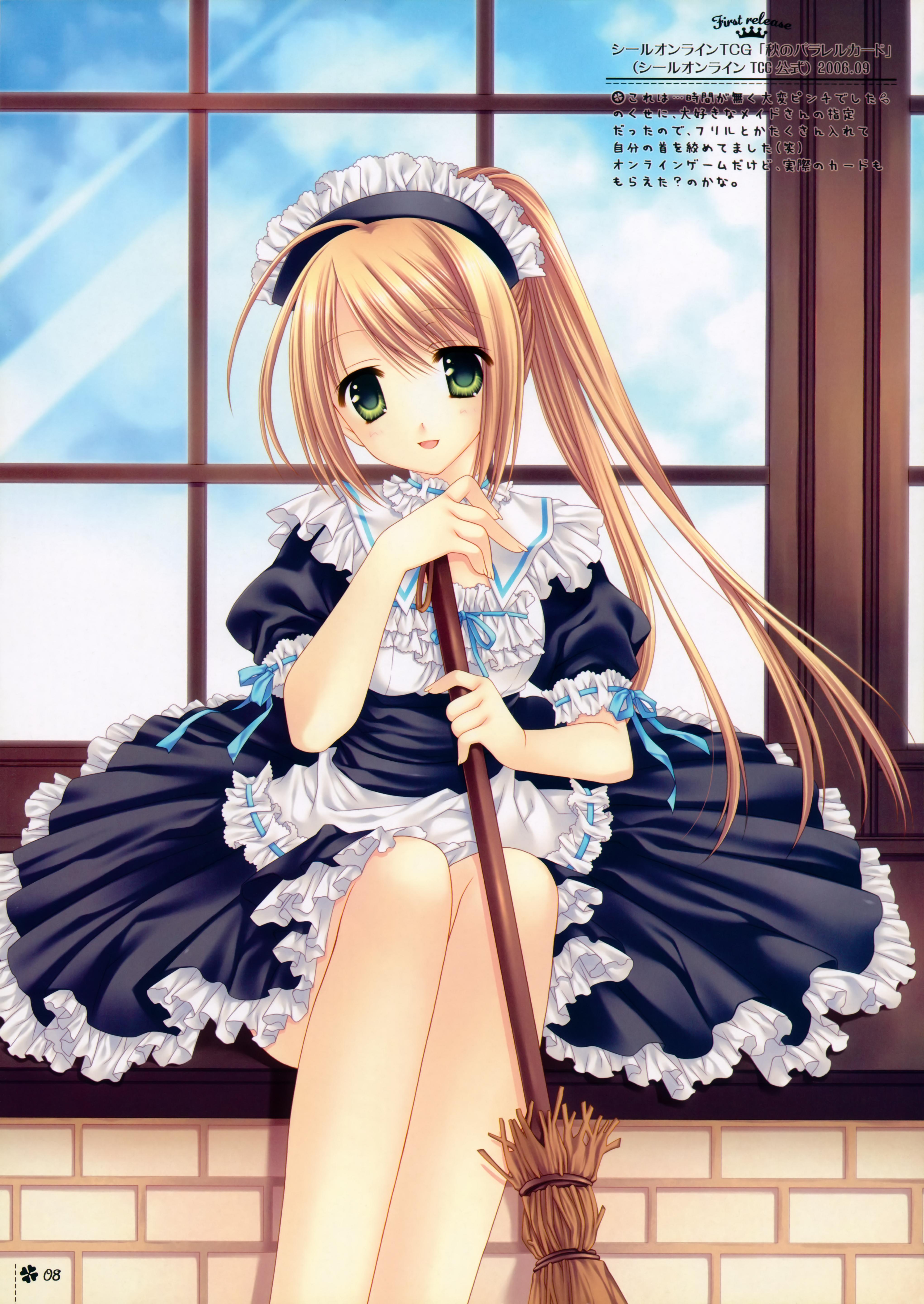 wnb mark, absurdres, highres, blonde hair, broom, green eyes, maid, solo