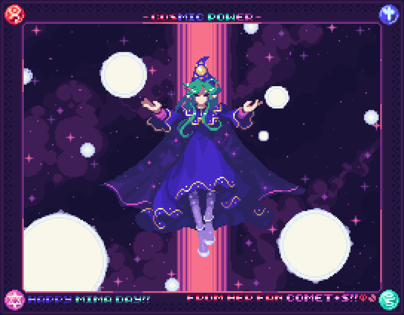 comet summoner98, mima (touhou), touhou, touhou (pc-98), 1girl, breasts, capelet, cross, english text, floating, green eyes, green hair, hat, hexagram, long hair, long sleeves, medium hair, night, night sky, outstretched arms, pixel art, sky, solo, wizard hat
