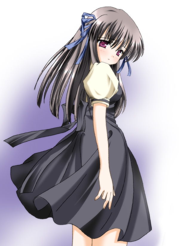 toono minagi, air (visual novel), 00s, 1girl, black dress, brown hair, dress, female focus, long hair, puffy short sleeves, puffy sleeves, red eyes, short sleeves, simple background, solo, standing, white background