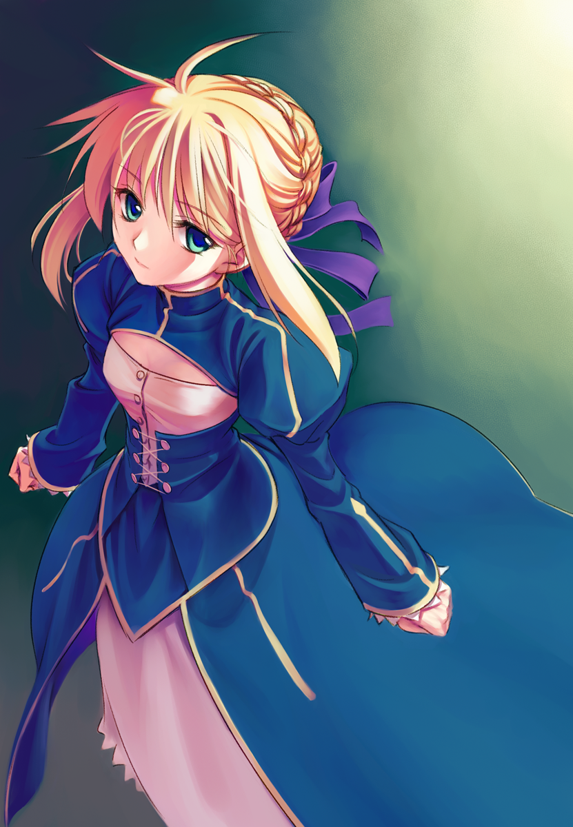 yuuki keisuke, artoria pendragon (fate), saber (fate), fate/stay night, fate (series), highres, 00s, 1girl, ahoge, aqua eyes, blonde hair, braid, buttons, cleavage cutout, clothing cutout, corset, dress, female focus, flat chest, from above, gradient background, hair bun, hair ribbon, looking at viewer, ribbon, short hair, sidelocks, single hair bun, smile, solo, standing