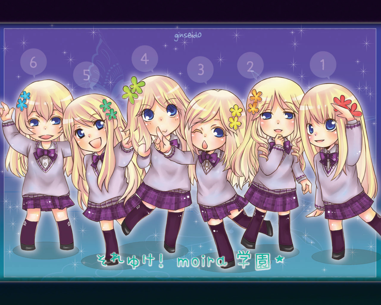 aioria, doria, ionia, locria, lydia (sound horizon), phrygia, moira, sound horizon, 6+girls, blonde hair, blue eyes, chibi, flower, happy, laughing, multiple girls, necktie, siblings, sisters, skirt, smile, thighhighs