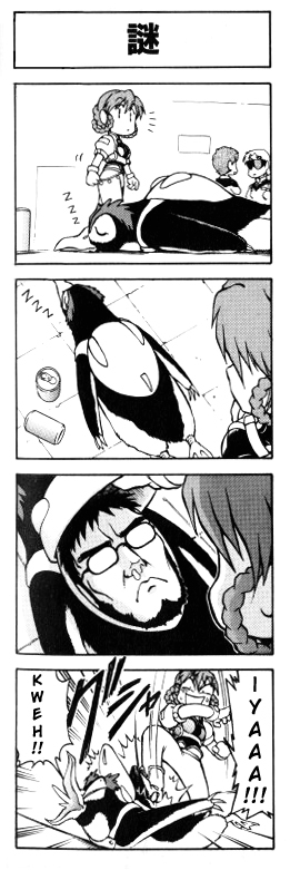 amuro ray, char aznable, ikari gendou, mina likering, penpen, quattro bajeena, banpresto, gundam, neon genesis evangelion, super robot wars, super robot wars f, zeta gundam, hard-translated, long image, tall image, third-party edit, translated, 1girl, 3boys, 4koma, bird, comic, crossover, greyscale, headstomp, indoors, monochrome, multiple boys, penguin, short hair