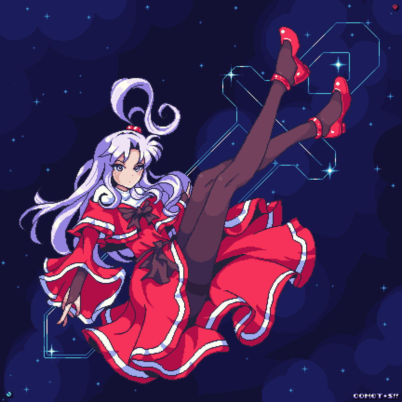 comet summoner98, shinki (touhou), touhou, touhou (pc-98), highres, 1girl, artist name, black pantyhose, breasts, capelet, dress, grey eyes, grey hair, hair bobbles, hair ornament, long hair, one side up, pantyhose, pixel art, red dress, red eyes, solo