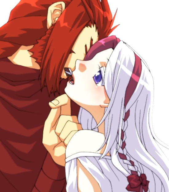 artemisia, scorpius, moira, sound horizon, bad id, bad pixiv id, 2boys, beard, blue eyes, braid, facial hair, kiss, long hair, male focus, multiple boys, red hair, white background, white hair, yaoi