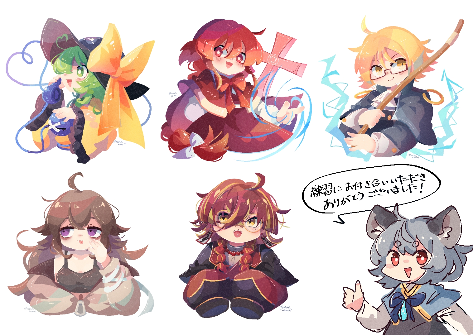 mame komari, komeiji koishi, nazrin, okazaki yumemi, original, touhou, touhou (pc-98), commentary request, translation request, 6+girls, :3, :d, ahoge, animal ears, ascot, bags under eyes, bare shoulders, bead necklace, beads, black capelet, black hat, black jacket, black shirt, blonde hair, blue bow, blue bowtie, blue capelet, blush, bow, bowtie, braid, brown hair, capelet, closed mouth, corded phone, crop top, cropped legs, cropped shirt, cropped torso, cross, double-parted bangs, earrings, frilled sleeves, frills, from side, glasses, green eyes, green hair, grey hair, grey jacket, hair between eyes, hand up, hat, hat bow, heart, heart of string, holding, holding phone, holding staff, jacket, jewelry, long braid, long hair, long sleeves, looking at viewer, messy hair, mouse ears, mouse girl, multicolored hair, multiple girls, necklace, no lineart, off shoulder, ofuda earrings, open mouth, phone, piercing, purple eyes, red-framed eyewear, red bow, red bowtie, red capelet, red eyes, red hair, red skirt, red vest, round eyewear, semi-rimless eyewear, shirt, short hair, simple background, skirt, sleeveless, sleeveless shirt, sleeves past fingers, sleeves past wrists, smile, speech bubble, staff, streaked hair, teeth, thick eyebrows, third eye, tongue, tongue out, tongue piercing, twin braids, twitter username, two-tone hair, under-rim eyewear, upper teeth only, very long hair, vest, white ascot, white background, white shirt, wide sleeves, yellow bow, yellow eyes, yellow shirt
