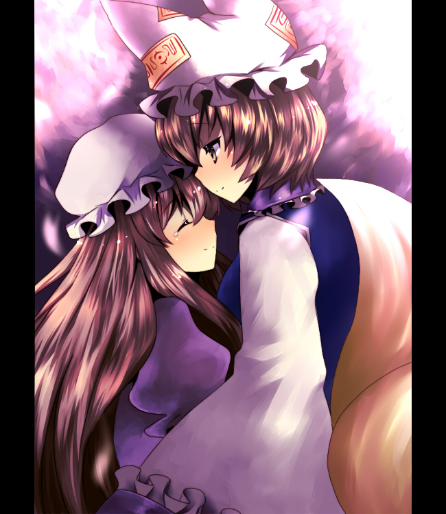 higashi yuzu, yuzu (artist), yakumo ran, yakumo yukari, touhou, 2girls, animal hat, blonde hair, female focus, fox tail, from side, hat, long sleeves, mob cap, multiple girls, profile, short hair, tabard, tail, wide sleeves