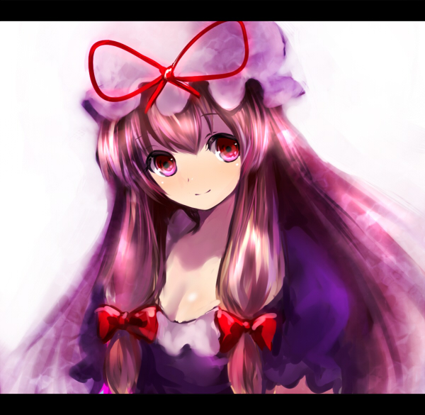 higashi yuzu, yuzu (artist), yakumo yukari, touhou, 1girl, breasts, cleavage, collarbone, dress, female focus, hat, hat ribbon, letterboxed, long hair, looking at viewer, pink hair, puffy short sleeves, puffy sleeves, purple dress, red eyes, ribbon, short sleeves, simple background, solo, very long hair, white background