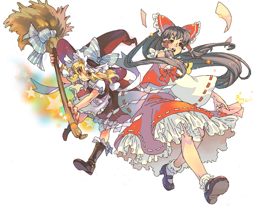 shizumi satou, siskin, hakurei reimu, kirisame marisa, touhou, 2girls, ascot, black hair, blonde hair, blush, bobby socks, broom, detached sleeves, female focus, frilled thigh strap, frills, hat, holding, looking at viewer, mary janes, multiple girls, ofuda, ribbon-trimmed sleeves, ribbon trim, shoes, short hair, simple background, socks, thigh strap, white background, witch hat