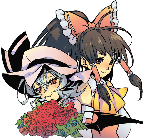 shizumi satou, siskin, hakurei reimu, remilia scarlet, touhou, silver hair, lowres, 2girls, ascot, blush, bouquet, bow, brown hair, female focus, flower, hair bow, hat, looking at viewer, mob cap, multiple girls, red bow, red eyes, sidelocks, simple background, white background