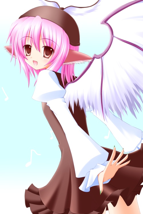 shirotsuki kouta, mystia lorelei, touhou, 1girl, animal ears, brown hat, dress, female focus, fingernails, hat, pink hair, red eyes, sharp fingernails, short hair, smile, solo, wings