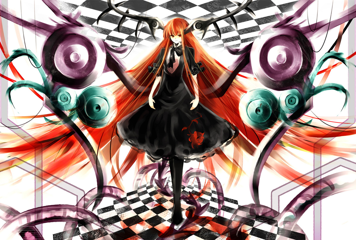 tomasu, tsurukame, koakuma, embodiment of scarlet devil, touhou, 1girl, female focus, head wings, long hair, red eyes, red hair, solo, very long hair, wings