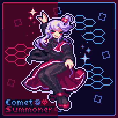 comet summoner98, shinki (touhou), touhou, touhou (pc-98), commentary, english commentary, lowres, 1girl, artist name, black pantyhose, breasts, capelet, closed eyes, dress, grey hair, hair bobbles, hair ornament, long hair, one side up, pantyhose, pixel art, red dress, red shoes, shoes, sleeping, smile, solo