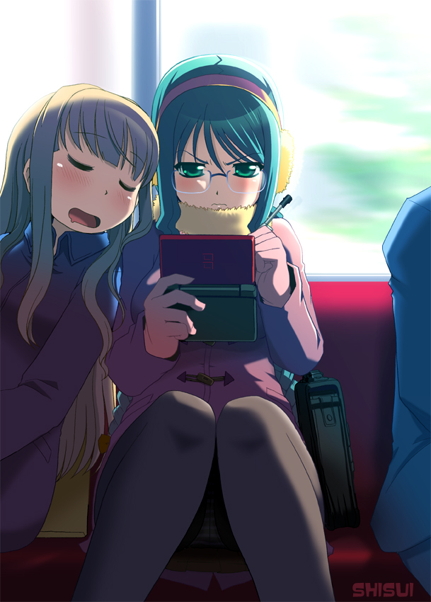 shisui, original, 2girls, bag, closed eyes, earmuffs, glasses, green eyes, green hair, hairband, handheld game console, long hair, multiple girls, nintendo ds, panties, panties under pantyhose, pantyhose, playing games, satchel, school bag, sitting, sleeping, sleeping upright, striped clothes, striped panties, underwear, video game